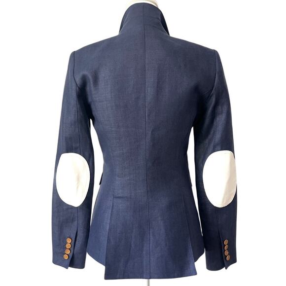 Smythe Navy Linen Duchess Blazer White Elbow Patches Single Button Canada Size 4 - Picture 7 of 9